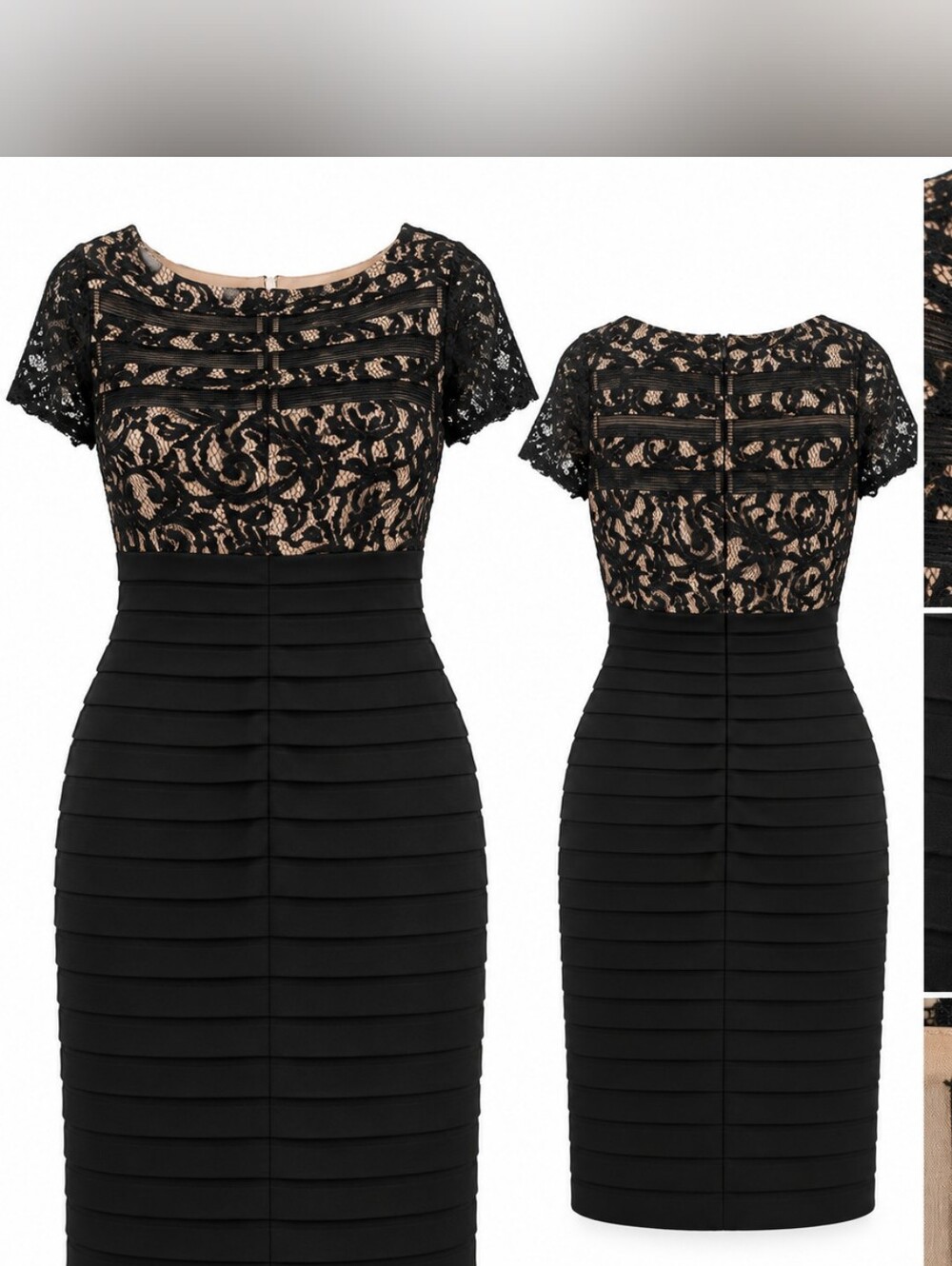 Adrianna Papell Black Lace Bodice Tiered Shutter Sheath Dress 8